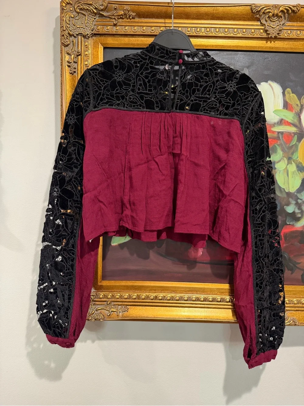 Free People Burgundy Cropped Blouse with Black Lace